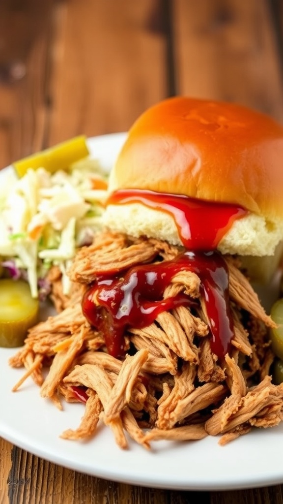 Pulled pork sliders with coleslaw and pickles on a rustic wooden table.
